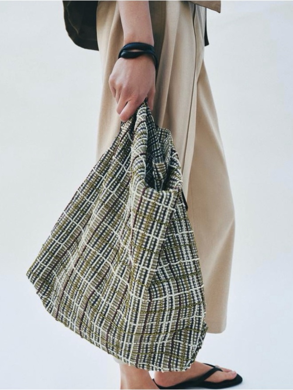ZARA Olive Shimmer Appliqué Plaid/Shimmer Details Shopper Bag with Strap - NEW - Picture 6 of 6